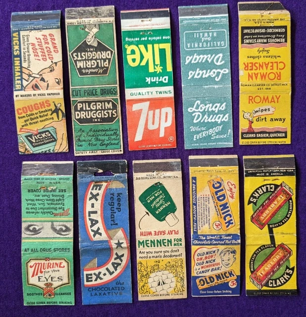 Lot of 10 matchbook covers OLD drug stores and items 7Up Pilgrim Vicks Mennen ++