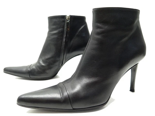 Chaussures Chanel Bottines Pointues A Talons 10B 40 Cuir Noir + Boite Boots 950€