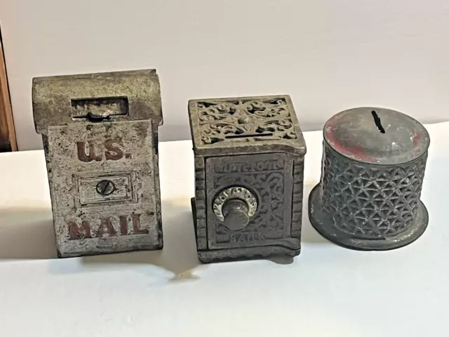 3-Antique Still Banks Kenton Union Bank-U.S. Mail Box w-Slot 2 Cast Iron 1 Tin