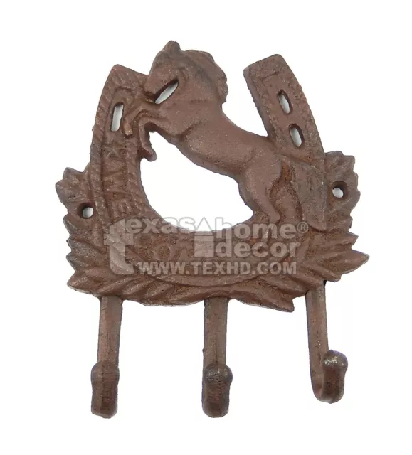 Raring Horse Horseshoe Coat Rack "Welcome" Triple Key Hooks Cast Iron Towel Hook