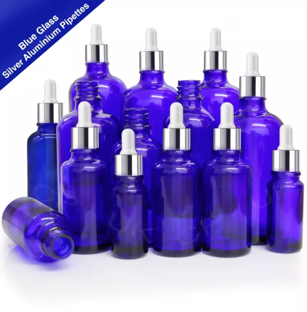 BLAUE Glas Tropferflasche mit SILBER Pipetten Öle Aromatherapie Ohr Augentropfen