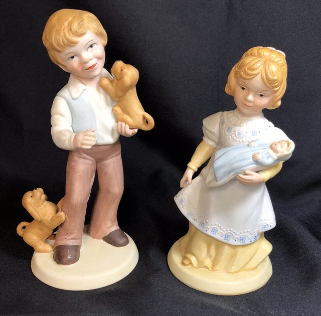 Pair Vintage Avon Figurines 1981 Boy With Puppy & Girl With Baby Doll Ceramic