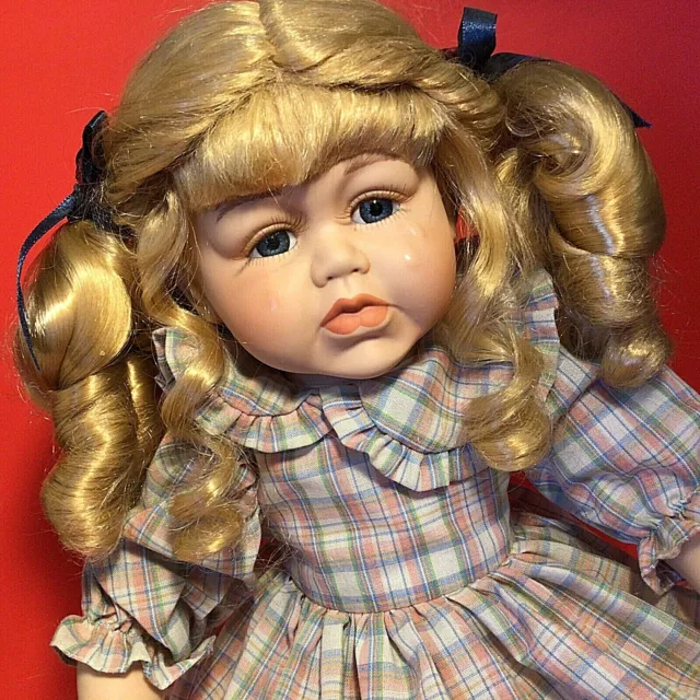 Vintage Porcelain Doll Crying Blonde Hair Blue Eyed Emerald Doll Collection 17"