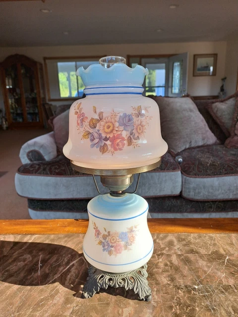 Power Blue & White Floral Design Gone With The Wind Hurricane Parlor Table Lamp