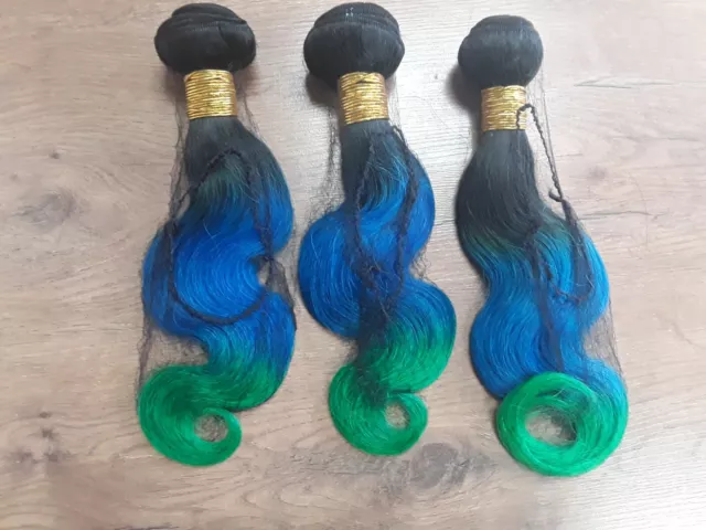 3BUNDLES REAL PERUVIAN OMBRE BODY WAVES HAIR 3TONES 1b#/BLUE/GREEN 300g 14+14+14