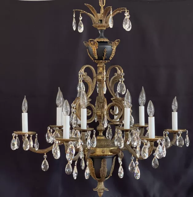 Antique Vintage French Empire CHERUB ANGEL Lead Crystal Brass Chandelier