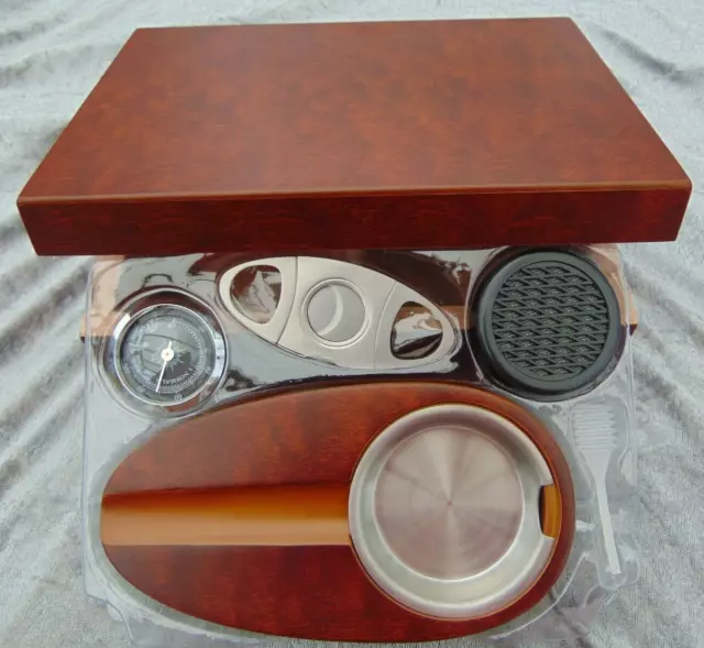 Angelo Humidor Set -Wurzelholz Optik  für ca.30 Zigarren Ascher+ Cutter Neu!2060