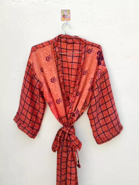 Indian Floral Patchwork Kimono Beachwear Robe Vintage Silk Maternity Gown SR-06