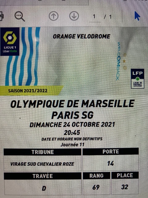 2 Places Pour Le Match OM – PSG Du 24 Octobre – Billet Neuf, Vente Nominative?