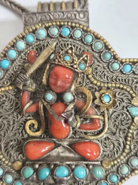 Antique Silver Tibetan Manjushri Gau Late 19th Century.  Coral & Turquoise.