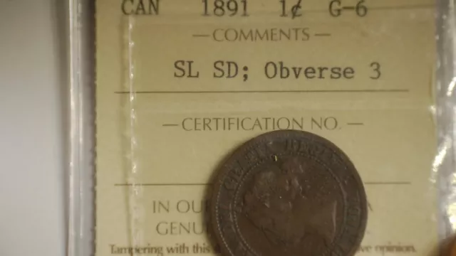 1891 - Canadian - Large Cent - SL SD; OBV-3 - ICCS Graded **G-6**