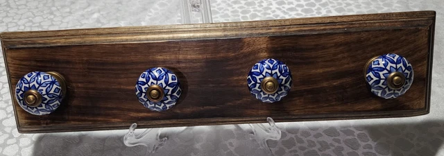 Antique Look Wood Rack with porcelain Hangers Wall MountCoat Hat Clothes Holders 2