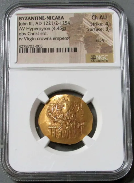 1221-1254 Ad Gold Byzantine John Iii Of Nicaea Hyperpyron Ngc Choice Au 4/3