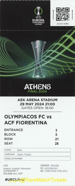 REPRODUCTION OLYMPIACOS FC 2024 conference league final ticket [RMT] £3 ...