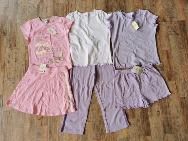 Pacchetto abiti estivi per ragazze età 7-8 pantaloncini t-shirt gonne tagli rosa e viola