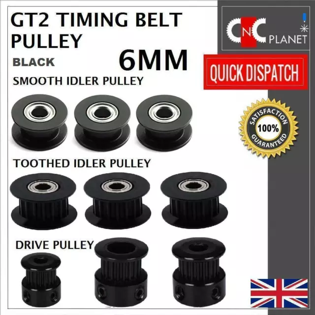 GT2 6mm Timing Belt Smooth Tooth Idler Drive Pulley 16 20 Teeth Bore 3mm 4mm 5mm