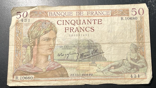 1939 50 Cinquante Francs France Banknote