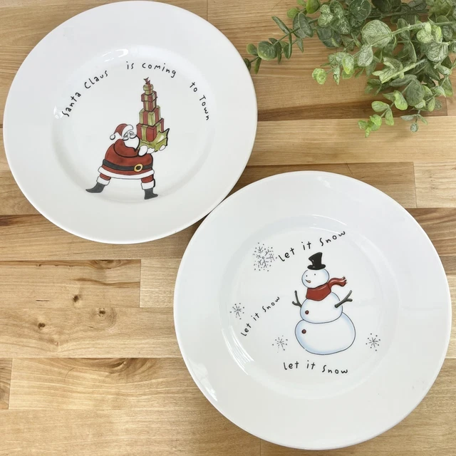 Pottery Barn Outlet Christmas Dish Set Of 2 Salad Plats Santa Claus & Snowman