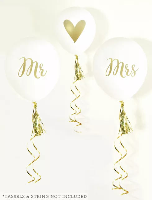 Mr and Mrs Balloons Set of 3 White Wedding Balloons with Gold Prints