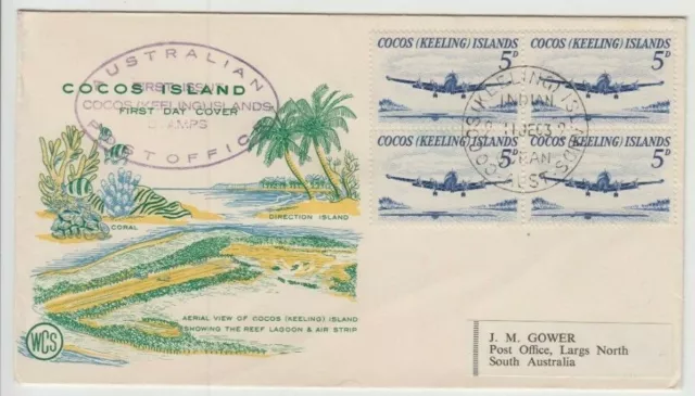 Stamps 1955 Cocos Island 5d block 4 WCS Wesley cachet FDC violet cachet, Perth