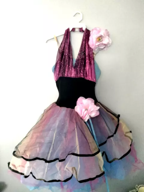 CURTAIN CALL Dance Costume Dress Size ASM Pink/Fuchsia & Blue + Flower Hair Clip