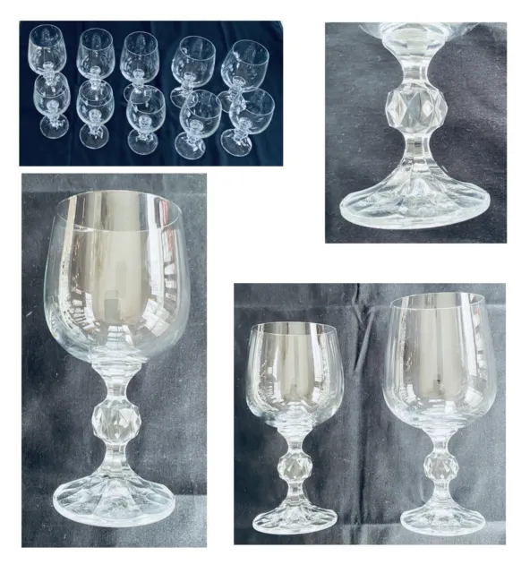 VINTAGE Bohemia Crystal Wine Glasses CLAUDIA 12 & 6 oz Prism Ball Stem 10-Pc Set