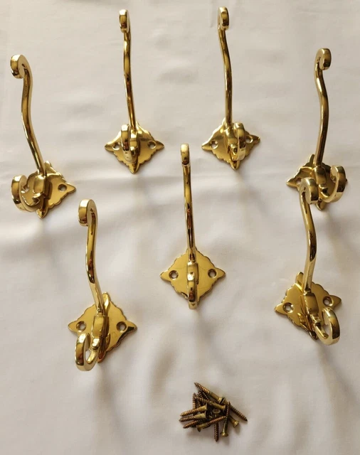 ROCKLER Set of 7 Solid Shiny Brass Decorative Swirled Wall Coat Hooks EUC!
