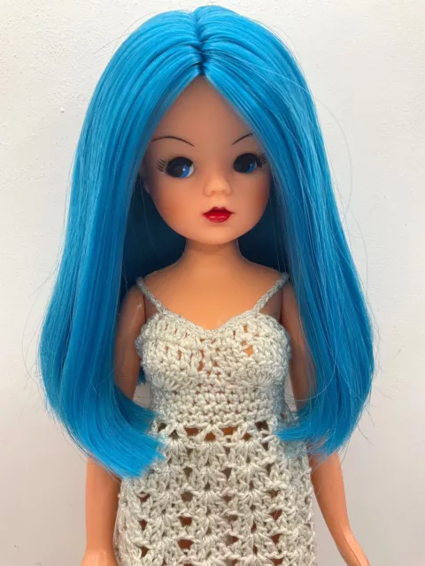 OOAK Custom Reroot Repaint Vintage Sindy Doll Aqua Blue Hair Handmade Dress