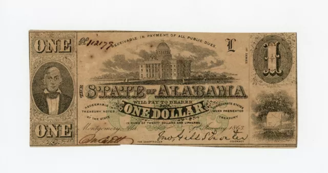 1863 Cr.1 $1 The State of ALABAMA Note - CIVIL WAR Era
