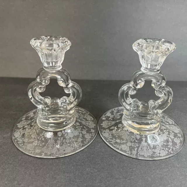 Vintage Pair of Cambridge Glass Candlelight Keyhole Candlestick Candle Holders.