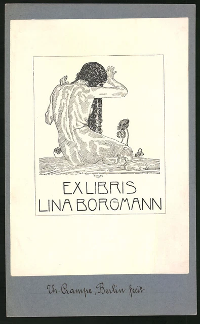 Exlibris von Köhler für Lina Borgmann Berlin nackte Frau verschrenkt die Ar Akt
