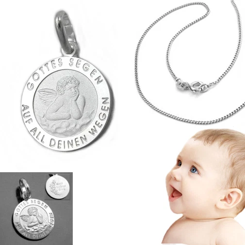 Ciondolo neonato bambini protezione angelo oro bianco 333 con catena argento catena battesimo