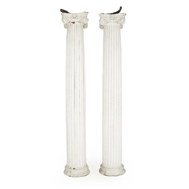Full-Length Pair of Painted Wood Columns with Ionic Capitals, 19th Century