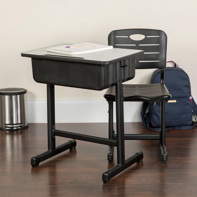 Nila Adjustable Height Student Desk and Chair with Black Pedestal Frame - Set...