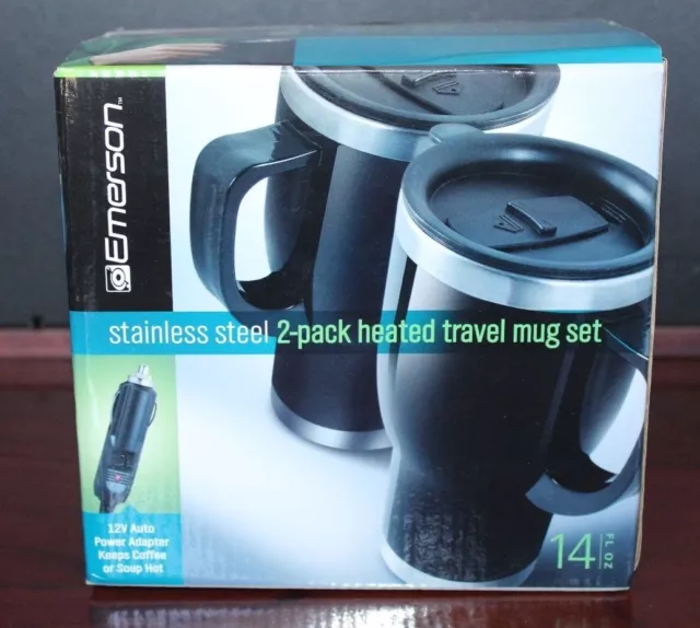 Heated Travel Mug Set Stainless Steel 12V Auto Adapters 2 - 14 OZ. EMERSON