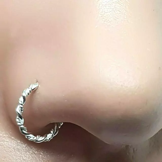 Twisted Wire Nose Ring 8mm 22g (0.6mm) Bright Sterling Silver Nose Hoop Earring