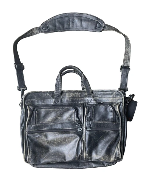 TUMI Alpha Black Napa Leather Messenger Laptop Briefcase Bag 904D3 *DISTRESSED*
