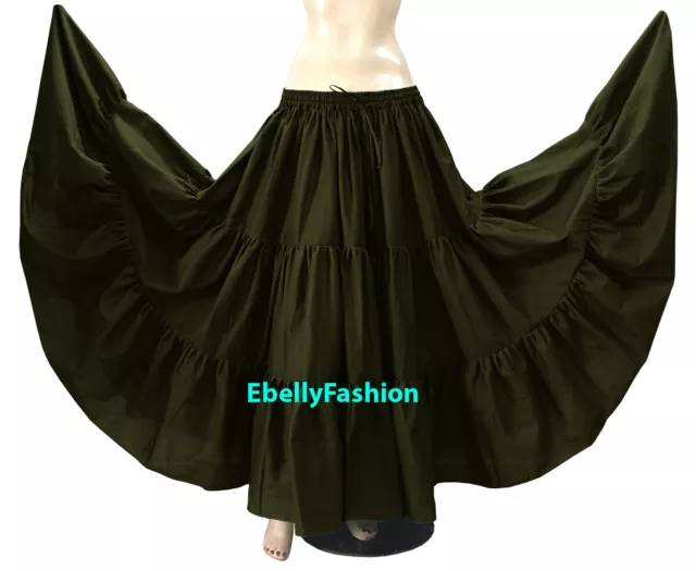 Olive - Cotton 10 Yard 3 Tier Belly Dance Gypsy Tribal Ethenic Flamenco Skirt