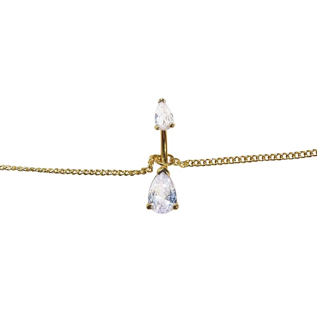 Belly Chain Button Navel Ring Gold Plated Waist with Double CZ Teardrop 14G