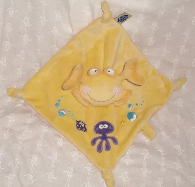 Doudou velours carré crabe Mots denfants jaune + attache tétine (26x26cm)