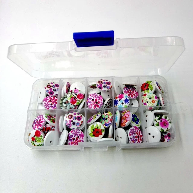 Box mit 100 Stck. Holz Blume bedruckt Knöpfe zum Selbermachen Nähen Scrapbooking Handwerk