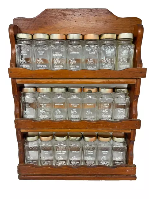 Vintage Wood Spice Rack 21 Glass Jars 3 Shelf Crystal Food MCM Kitsch