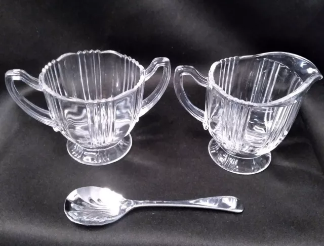 Fostoria SUNRAY Clear Glass Mini Creamer & Sugar Set Ribbed PLUS SUGAR SPOON