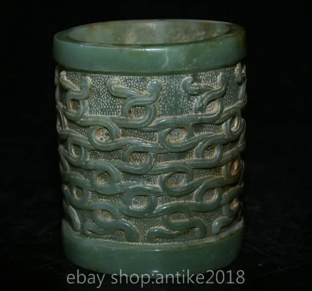 4” Rare Old Chinese Green Jade Carving Dynasty Palace Silk Ribbon pen container