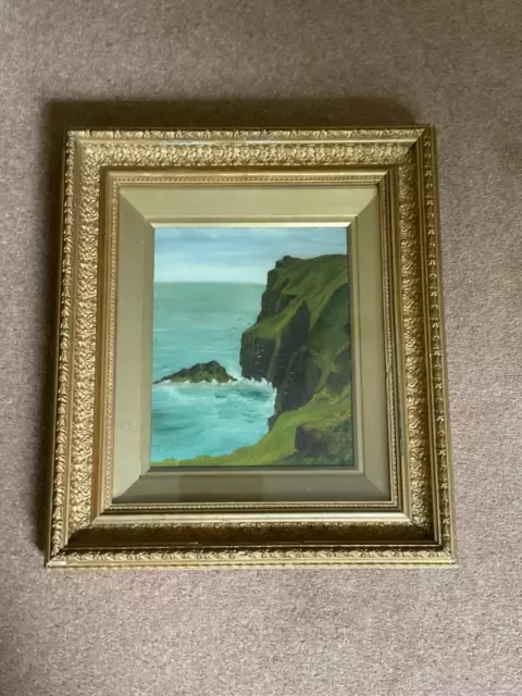 Antique c19th Oil Painting Cornwall Seascape Cornish Cliffs Gilt Frame Glazed