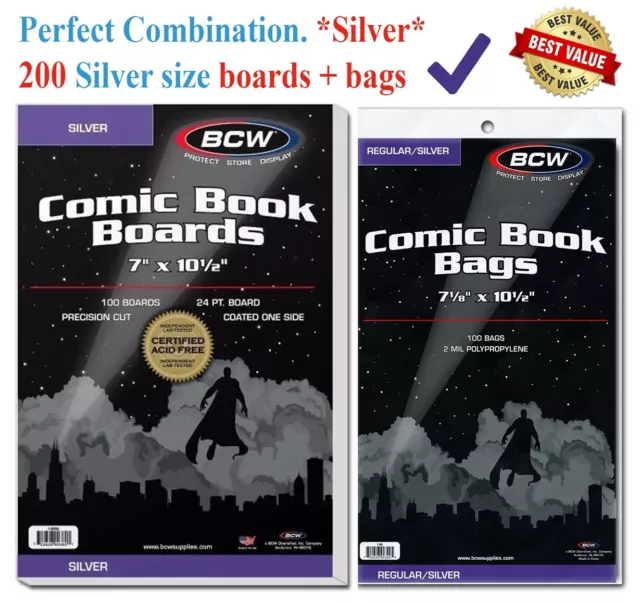 200 BCW Silver Era Comic Book Bags Sleeves + Acid Free Back Boards 7 x 10 1/2"