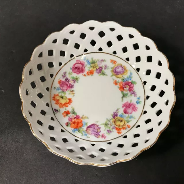 Dresden reticulated bowl, Vintage German pierced porcelain flower trinket dish