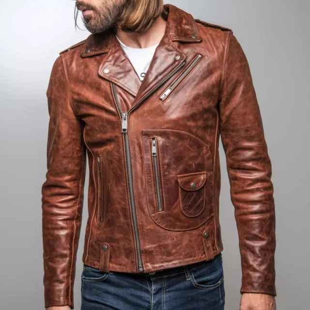 Mens Marlon Brando Biker Motorcycle Vintage Distressed Brown Leather Jacket