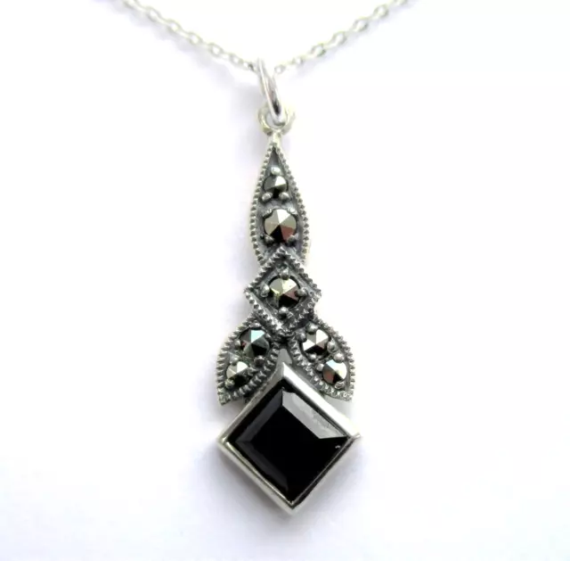 Onyx Anhänger + Markasit, Art Deco / Jugendstil Design 925 Sterlingsilber (m24)