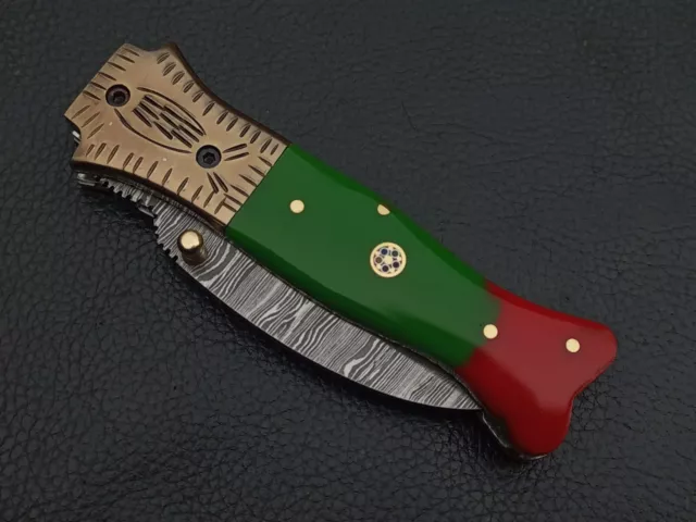 Damascus Steel Custom Made Pocket Folding Knife Resin Handle W/Sheath H250